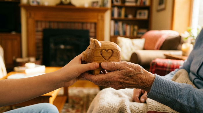 Zwei Hände, eine jung, eine alt, halten gemeinsam eine kleine Holzspardose. Im Hintergrund unscharf ein gemütliches Wohnzimmer. Symbolisiert finanzielle Sicherheit und familiären Zusammenhalt. Warme Farben.