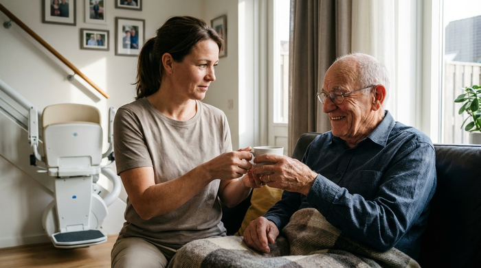 Eine freundliche Pflegekraft reicht einem lächelnden Senior eine Tasse Tee im heimischen Wohnzimmer. Im Hintergrund ist ein moderner Treppenlift an der Wand zu erkennen. Vertrauensvolle Stimmung.