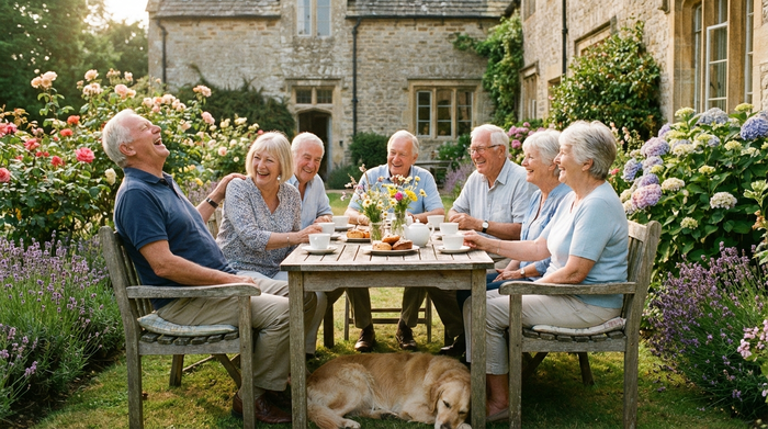 Eine Gruppe von Senioren sitzt fröhlich lachend in einem sonnigen Garten eines Pflegeheims zusammen. Sie trinken Kaffee an einem Holztisch, umgeben von blühenden Pflanzen. Harmonische, lebendige Szene.
