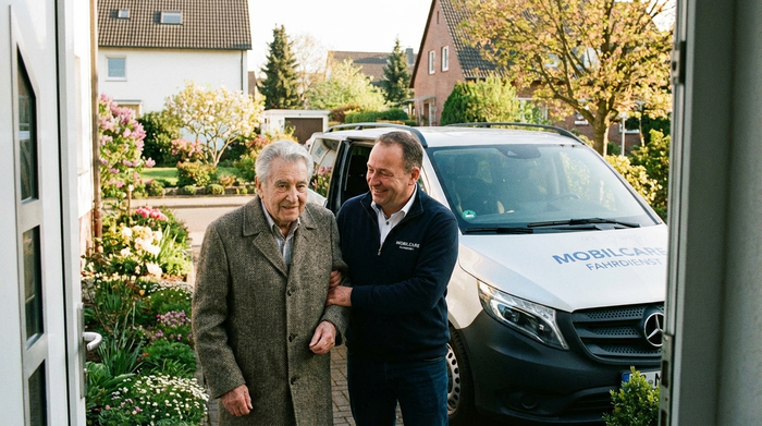 Ein älterer Herr mit grauem Haar wird von einem freundlichen Fahrer eines Fahrdienstes an der Haustür abgeholt. Der Fahrer reicht ihm hilfsbereit den Arm. Gepflegte Wohngegend im Hintergrund, sonniges Wetter.