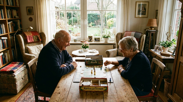 Zwei Senioren spielen konzentriert aber freudig ein Brettspiel an einem Tisch. Natürliches Licht fällt durch ein großes Fenster. Gemütliche, wohnliche Einrichtung ohne klinischen Charakter.