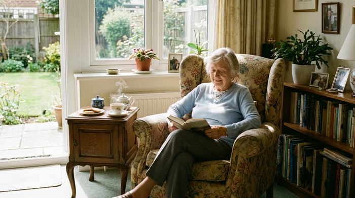 Eine ältere Dame sitzt entspannt in einem bequemen Ruhesessel in einem hellen Raum und liest ein Buch. Neben ihr steht eine Tasse Tee auf einem kleinen Beistelltisch. Friedliche und sichere Umgebung.