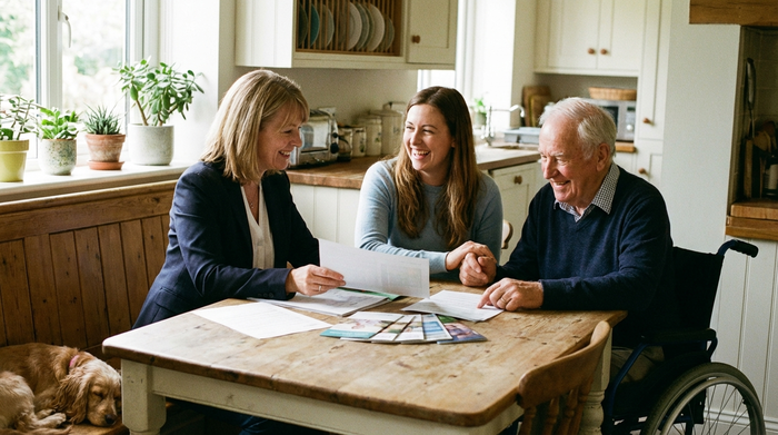 Eine erwachsene Tochter sitzt mit ihrem pflegebedürftigen Vater und einer Pflegeberaterin zusammen am Tisch. Sie besprechen lächelnd Dokumente. Entspannte, vertrauensvolle Stimmung.