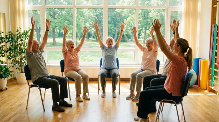 Eine Gruppe von Senioren macht leichte Gymnastik im Sitzen, angeleitet von einer motivierten Therapeutin. Alle heben die Arme und haben Spaß. Heller Gymnastikraum mit großen Fenstern.