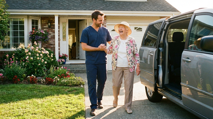 Ein fürsorglicher Pfleger begleitet eine fröhliche ältere Dame behutsam von ihrer Haustür zu einem wartenden Transportfahrzeug. Die Szene ist sonnig und strahlt Geborgenheit aus, im Hintergrund eine gepflegte Hausfassade.