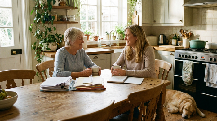 Eine ältere Dame und ihre erwachsene Tochter sitzen entspannt am Esstisch bei einer Tasse Kaffee und lächeln sich erleichtert an. Auf dem Tisch liegen einige ordentlich sortierte Papiere. Warme, häusliche Atmosphäre.