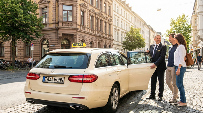 Ein gepflegtes, geräumiges Taxi steht an einem sonnigen Tag vor einem schönen Bonner Altbau. Ein freundlicher Fahrer öffnet zuvorkommend die hintere Beifahrertür für Fahrgäste. Klare, realistische Szene.