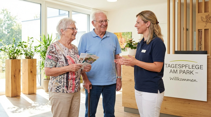 Ein älteres Ehepaar steht gemeinsam mit einer freundlichen Pflegeberaterin im hellen Eingangsbereich einer Tagespflegeeinrichtung. Sie unterhalten sich angeregt und wirken sehr zufrieden und gut informiert.