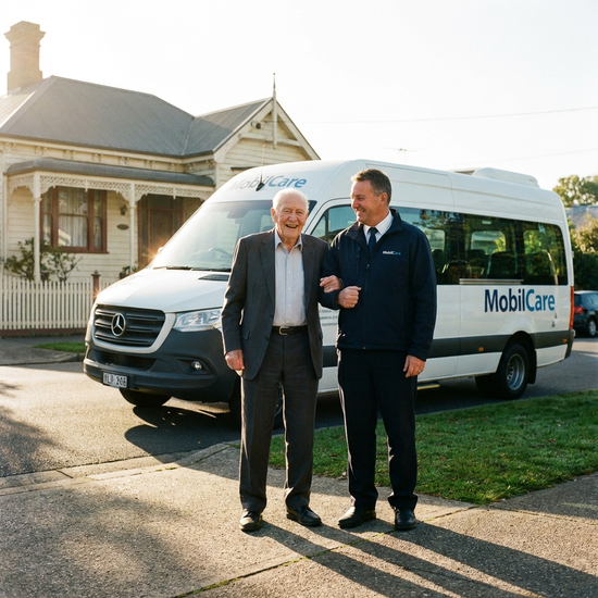 Ein lächelnder Senior wird von einem freundlichen Fahrer eines Fahrdienstes vor seinem Haus an einem sonnigen Morgen am Arm gestützt. Im Hintergrund steht ein moderner weißer Kleinbus. Vertrauensvolle und sichere Stimmung.