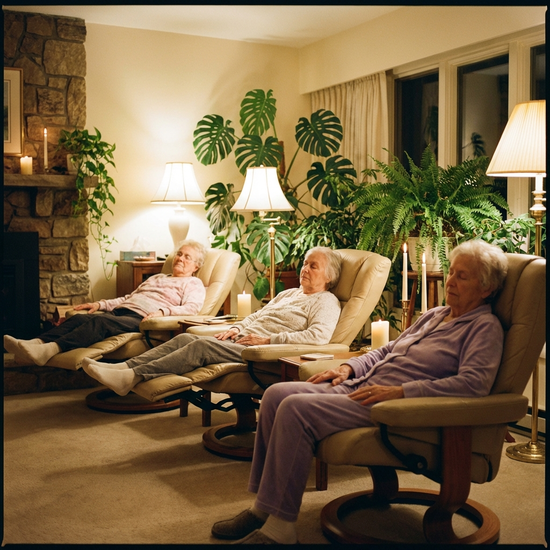 Senioren ruhen sich in bequemen, ergonomischen Ruhesesseln in einem leicht abgedunkelten, gemütlichen Raum aus. Sanftes Licht, Pflanzen im Hintergrund, entspannte und friedliche Atmosphäre ohne störende Elemente.