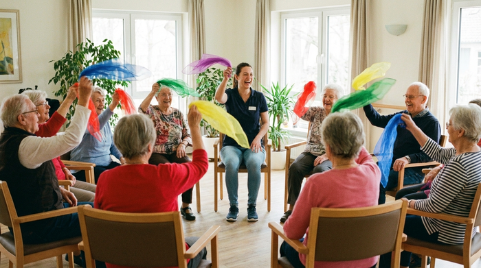 Eine Gruppe von Senioren sitzt in einem Stuhlkreis und macht leichte Gymnastik mit bunten Tüchern. Eine motivierende Betreuungskraft in der Mitte macht die Übungen vor. Helle, freundliche Umgebung, Fokus auf Bewegung und Lebensfreude.