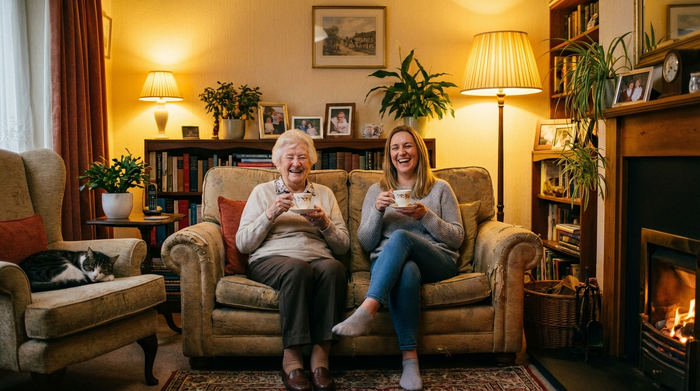 Eine ältere Dame und ihre Tochter sitzen entspannt auf einem Sofa im heimischen Wohnzimmer und trinken Tee. Sie wirken erleichtert, glücklich und sorgenfrei. Warme Beleuchtung, harmonisches Familienleben.