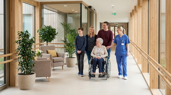 Eine moderne, barrierefreie Pflegeeinrichtung mit breiten Fluren und sicheren Handläufen. Eine sympathische Pflegekraft zeigt einer interessierten Familie die hellen, einladenden Räumlichkeiten mit gemütlichen Sitzecken und großen Zimmerpflanzen.