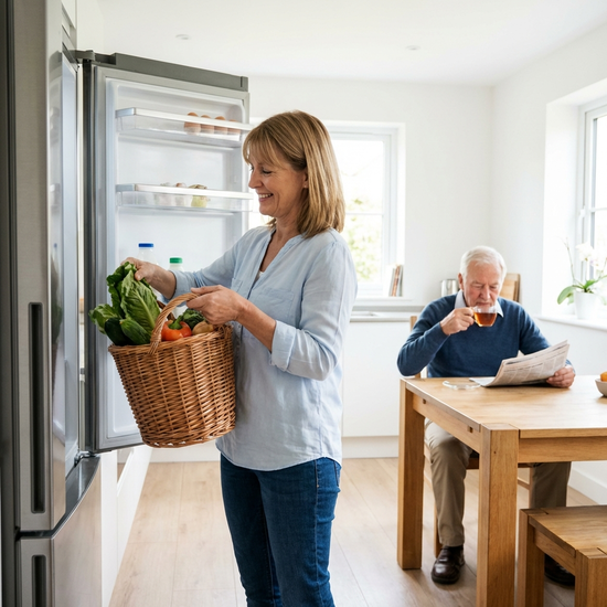 Eine engagierte Alltagsbegleiterin räumt in einer modernen, sauberen Küche frisches Gemüse aus einem Einkaufskorb in den Kühlschrank. Im Hintergrund sitzt ein älterer Herr entspannt am Küchentisch.