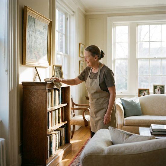 Eine sorgfältige Haushaltshilfe wischt mit einem weichen Tuch den Staub von einem eleganten Holzregal in einem lichtdurchfluteten, aufgeräumten Wohnzimmer.