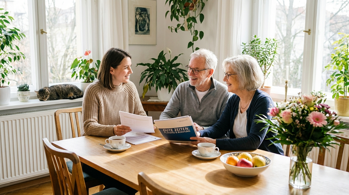 Eine freundliche Beraterin und ein älteres Ehepaar sitzen gemeinsam an einem hellen Esstisch. Sie betrachten entspannt einige Unterlagen und lächeln sich zufrieden an.
