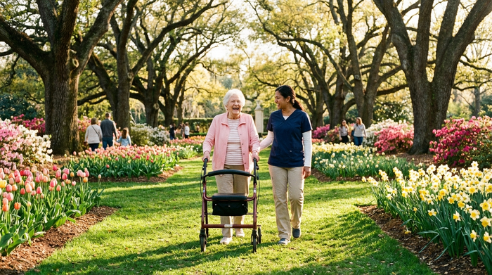 Eine rüstige Seniorin und ihre Betreuungskraft spazieren fröhlich durch einen gepflegten, sonnigen Park mit großen Bäumen und bunten Blumenbeeten.