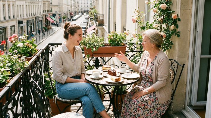 Zwei Frauen, eine jüngere in Alltagskleidung und eine ältere Dame, sitzen bei Kaffee und Kuchen auf einem sonnigen Balkon und führen ein angeregtes, freundliches Gespräch.