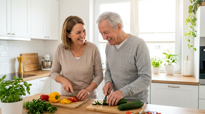 Eine engagierte Betreuerin hilft einem älteren Herrn beim gemeinsamen Kochen in einer sauberen, gut beleuchteten Küche. Beide schneiden frisches Gemüse und lachen miteinander. Helle, freundliche Umgebung, realistische Szene ohne Text.