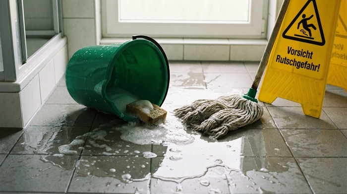 Eine Nahaufnahme eines umgekippten Putzeimers auf einem nassen Fliesenboden in einem Badezimmer, daneben liegt ein Wischmopp. Die Szene verdeutlicht eine potenzielle Gefahrenquelle im Haushalt. Realistischer Stil, weiche Beleuchtung.