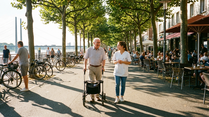 Ein älterer Herr mit Rollator spaziert an einem sonnigen Tag in Begleitung einer jungen, aufmerksamen Assistentin an einer schönen Flus Uferpromenade mit Bäumen. Fröhliche Stimmung, klare Farben, entspannter Ausflug.