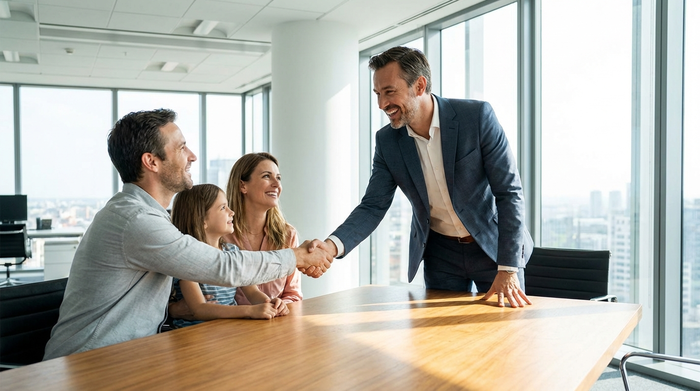 Ein seriöser Berater im Anzug reicht einer erleichterten Familie über einen Holztisch freundlich die Hand. Im Hintergrund ein helles, modernes Büro mit großen Fenstern. Vertrauensvolle und entspannte Stimmung.