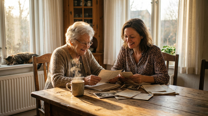 Eine ältere Dame sitzt mit ihrer Tochter am Esstisch und schaut zufrieden auf ein paar Dokumente. Eine Tasse Kaffee steht auf dem Tisch. Warmes Sonnenlicht fällt durch das Fenster.