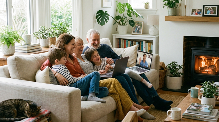 Eine Familie sitzt bequem auf einem hellen Sofa im Wohnzimmer und führt einen fröhlichen Videoanruf auf einem Laptop. Auf dem Bildschirm ist eine lächelnde Pflegekraft zu sehen. Gemütliche Atmosphäre.