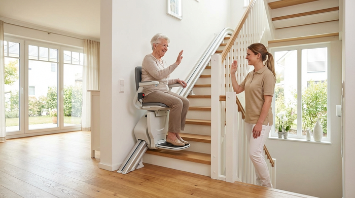 Eine Seniorin fährt entspannt und sicher auf einem modernen Treppenlift nach oben, während ihre freundliche Betreuungskraft am Fuß der Treppe steht und ihr aufmunternd zulächelt. Gepflegtes, helles Einfamilienhaus.