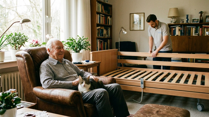 Ein älterer Herr sitzt entspannt in seinem Wohnzimmer in einem bequemen Sessel, während ein Sanitätshaus-Mitarbeiter im Hintergrund dezent ein modernes Pflegebett aufbaut. Helles Tageslicht, gemütliche Atmosphäre, kein Text.
