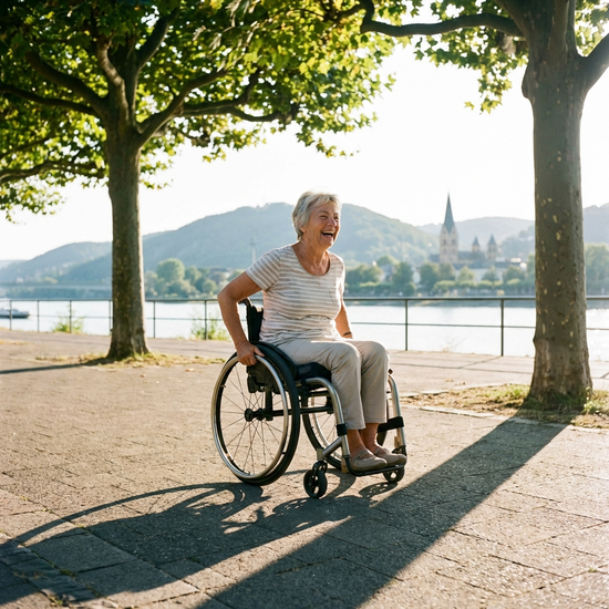 Eine aktive Seniorin fährt mit einem modernen, leichten Aktivrollstuhl auf einem gepflasterten Weg am Bonner Rheinufer. Sonniges Wetter, Bäume im Hintergrund, dynamische und positive Ausstrahlung, kein Text.