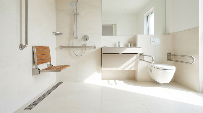 Ein sauberes, modernes und barrierefreies Badezimmer mit einer ebenerdigen Dusche, einem an der Wand montierten Duschklappsitz und eleganten Haltegriffen aus Edelstahl. Helle Fliesen, aufgeräumt, kein Text.