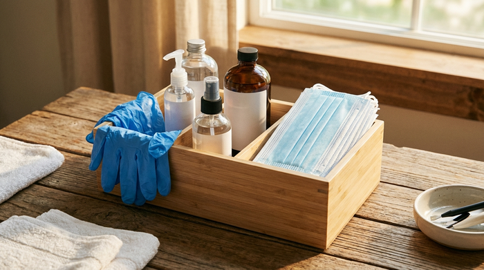 Eine ordentlich arrangierte Box mit Pflegehilfsmitteln auf einem Holztisch: Einmalhandschuhe, Desinfektionsmittel in neutralen Flaschen und medizinische Masken. Warmes Licht, saubere und hygienische Darstellung, keine lesbaren Etiketten.
