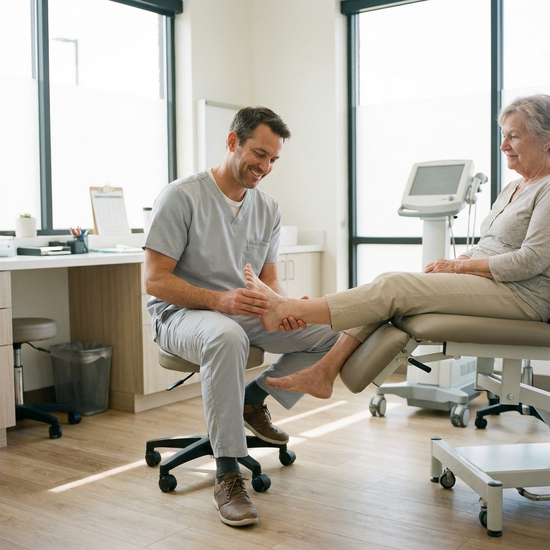 Ein freundlicher Orthopädietechniker in sauberer Arbeitskleidung untersucht behutsam den nackten Fuß eines älteren Patienten in einer hellen, modernen Praxis. Vertrauensvolle Atmosphäre, medizinischer Kontext ohne lesbare Texte oder Diagramme.