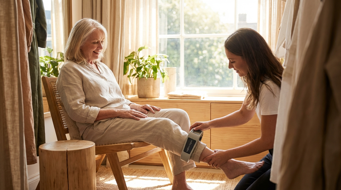 Eine ältere Dame sitzt entspannt in einer hellen, privaten Umkleidekabine, während eine Fachverkäuferin behutsam ihr Bein mit einem digitalen Messgerät vermisst. Weiches morgendliches Licht fällt durch ein Fenster, vertrauensvolle Stimmung.