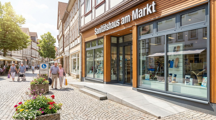 Einladende Außenansicht eines modernen Sanitätshauses in einer gepflegten deutschen Fußgängerzone an einem sonnigen Tag. Große, saubere Schaufenster, ein barrierefreier Eingang, glückliche Passanten flanieren im unscharfen Hintergrund.