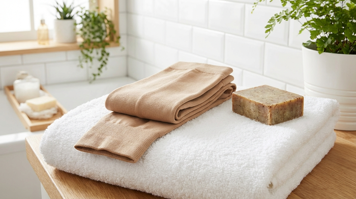 Ein Paar beigefarbene, medizinische Kompressionsstrümpfe liegen ordentlich gefaltet auf einem frischen, weißen Handtuch neben einem Stück natürlicher Seife. Helles, sauberes Badezimmer-Ambiente, Fokus auf Reinlichkeit, Pflege und hochwertige Textilien.