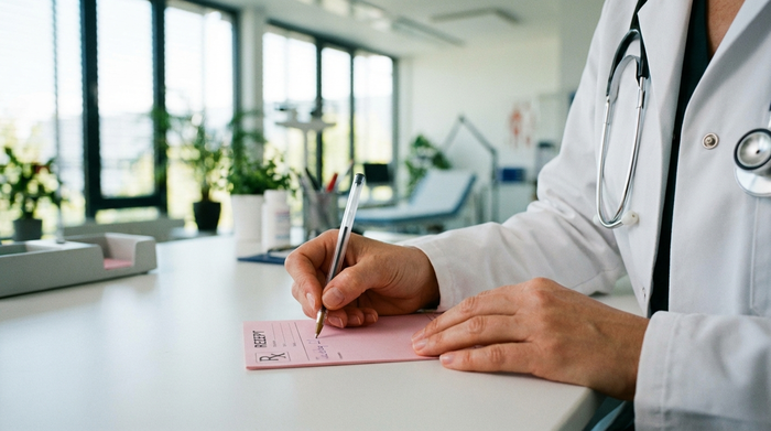 Nahaufnahme der Hände einer Ärztin in einem weißen Kittel, die mit einem Stift auf einem rosafarbenen Rezeptblock schreibt. Im Hintergrund ist eine moderne, helle Arztpraxis unscharf zu erkennen.