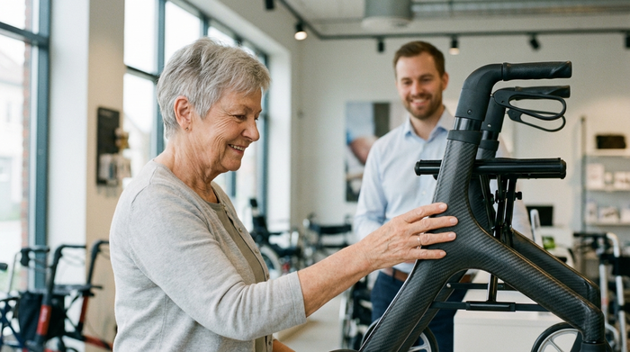Eine ältere Dame mit grauen Haaren steht in einem modernen Sanitätshaus und betrachtet lächelnd einen leichten, modernen Carbon-Rollator. Ein freundlicher Berater steht im unscharfen Hintergrund.