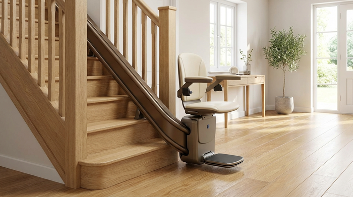Ein eleganter elektrischer Treppenlift in einem gepflegten Einfamilienhaus. Die Treppe besteht aus hellem Holz, das Wohnumfeld wirkt sicher, aufgeräumt und barrierefrei.