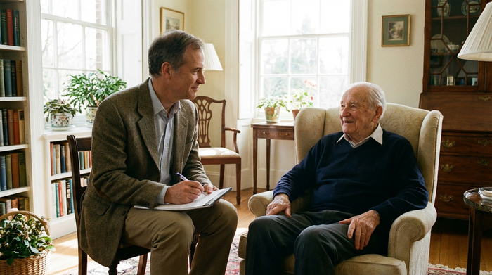 Ein einfühlsamer medizinischer Gutachter mit Notizblock im Gespräch mit einem älteren Herrn in einem gepflegten, hellen Wohnzimmer. Der Senior sitzt entspannt im Sessel, der Gutachter hört aufmerksam zu und strahlt Ruhe aus.