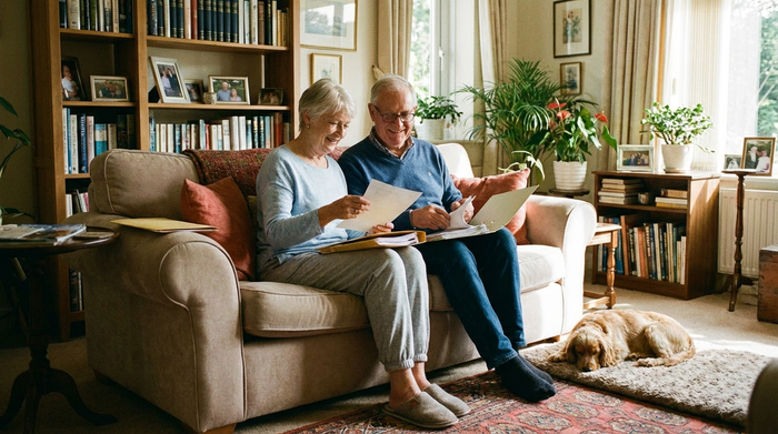 Ein älteres Ehepaar sitzt entspannt auf einem bequemen Sofa und sortiert gemeinsam Dokumente in einer Mappe. Das Wohnzimmer ist lichtdurchflutet, ordentlich und strahlt Sicherheit und Geborgenheit aus.