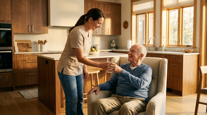Eine sympathische Pflegekraft reicht einem älteren Mann liebevoll ein Glas Wasser. Im Hintergrund ist eine aufgeräumte, moderne Küche zu sehen. Beide lächeln sich freundlich an, warme und natürliche Beleuchtung.
