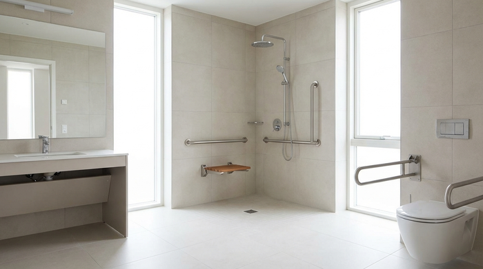Ein modernes, barrierefreies Badezimmer mit einer großzügigen, ebenerdigen Dusche und stabilen Haltegriffen an der Wand. Helle Fliesen, sauberes und sicheres Ambiente, viel Tageslicht fällt durch ein Fenster.