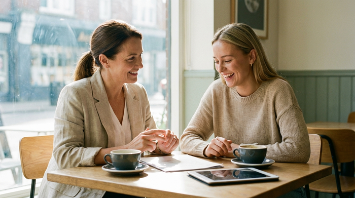 Zwei Frauen, eine jüngere Pflegeberaterin und eine Tochter, sitzen bei einer Tasse Kaffee an einem Holztisch zusammen und besprechen vertrauensvoll organisatorische Dinge. Helle, freundliche Umgebung, entspannte Körpersprache.