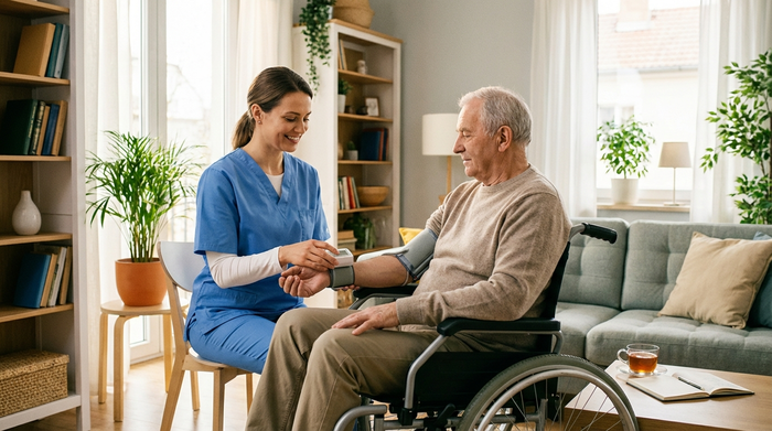 Eine professionelle Pflegekraft misst schonend den Blutdruck eines älteren Herrn im Rollstuhl in einem hellen, aufgeräumten Wohnzimmer.