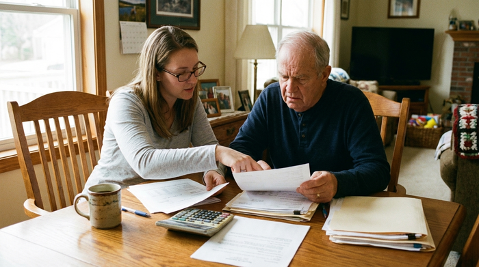 Eine Tochter sitzt mit ihrem älteren Vater am Esstisch und bespricht konzentriert Dokumente. Eine Tasse Kaffee und ein Taschenrechner liegen auf dem Holztisch.