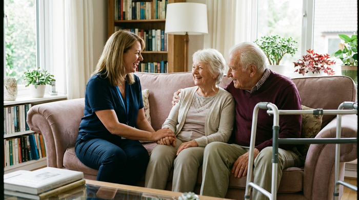 Eine empathische Pflegedienstleitung im Gespräch mit einem älteren Ehepaar auf einem bequemen Sofa. Alle lächeln, die Atmosphäre ist offen und vertrauensvoll.