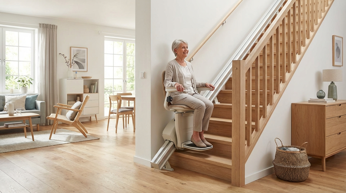 Ein moderner, unauffälliger Treppenlift in einem gepflegten, hellen Einfamilienhaus. Eine ältere Dame fährt sicher und entspannt die Holztreppe hinauf.