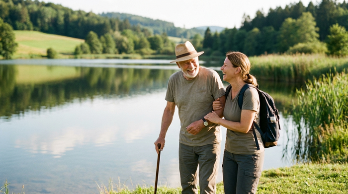 Eine Betreuungskraft und ein Senior spazieren fröhlich an einem sonnigen Tag an einem ruhigen See. Im Hintergrund ist leicht verschwommen die grüne Natur zu erkennen.